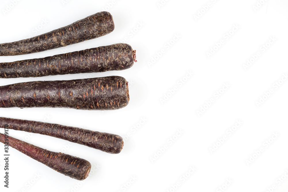 Fancy colorful vegetables. Set of purple unpeeled carrots on light background. Copy space Fancy colorful vegetables. Set of purple unpeeled carrots on light background. Copy space