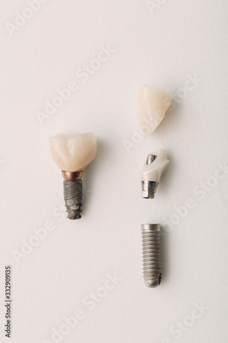 Dental implant of a human tooth and its parts on a white background