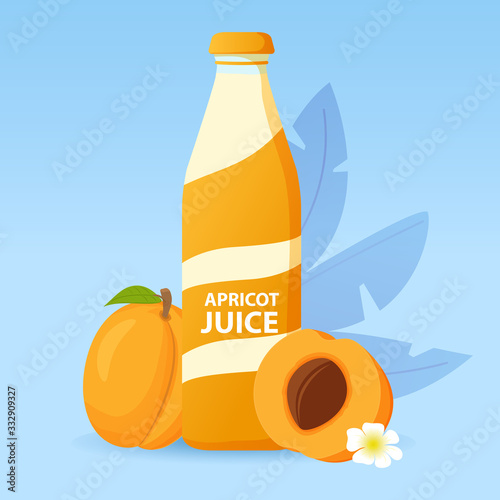 Bottle of apricot juice. Ripe fruit. Healthy eating concept. Vegetarian, fruitarianism. Realistic food illustration.