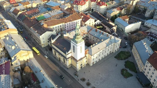 Aerial view on  Hlyniany Gate, Bernardine church, Johann Georg Pinsel museum of Sacral Baroque Sculpture (former Poor Clares church) in Lviv, Ukraine from drone photo