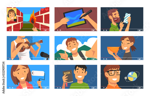Video Bloggers Collection, Different Men and Women Demonstrating Their Skills, Travel, Music, Gamer Vlog Vector Illustration