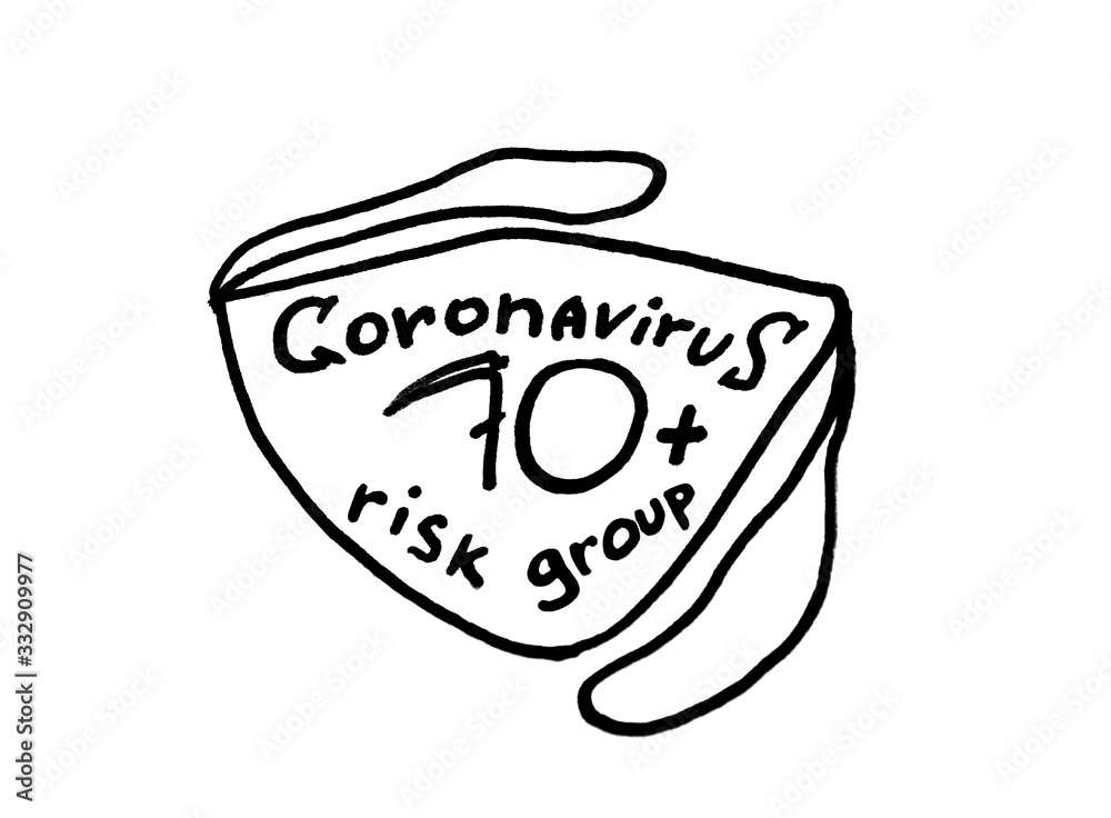 Marker drawing. A protective mask with the inscription Coronavirus 70 years at risk. Marker drawing. A protective mask with the inscription Coronavirus 70 years at risk.