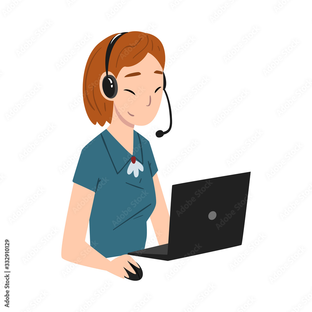 Girl Call Center Operator, Online Customer Support Service Assistant with Headset Consulting Client, Help Desk, Technical Support Vector Illustration Girl Call Center Operator, Online Customer Support Service Assistant with Headset Consulting Client, Help Desk, Technical Support Vector Illustration