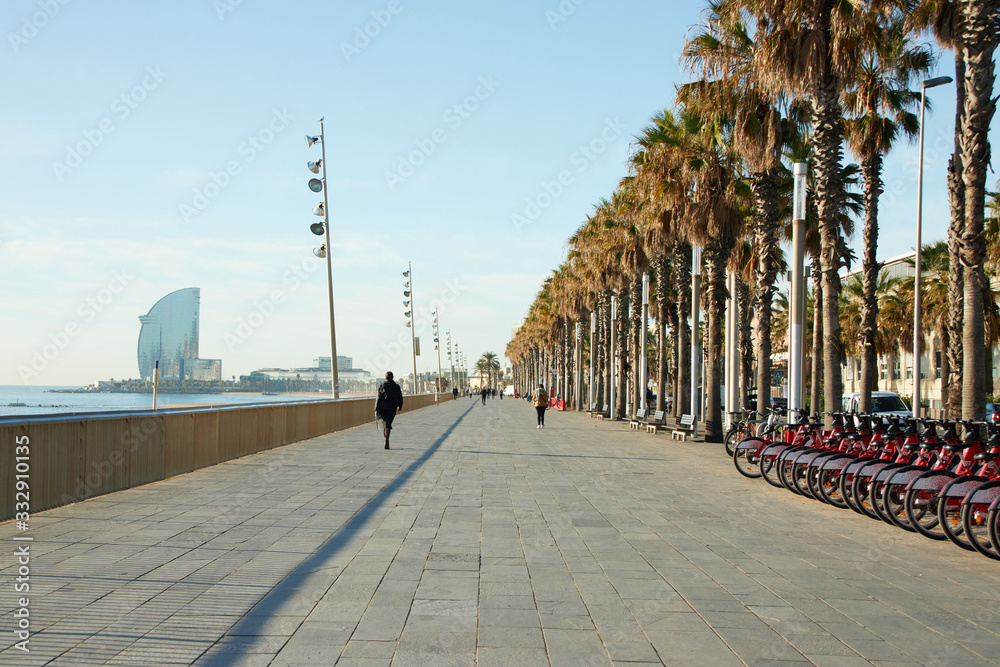 Morning on the beach of Poblenou in Barcelona, Spain