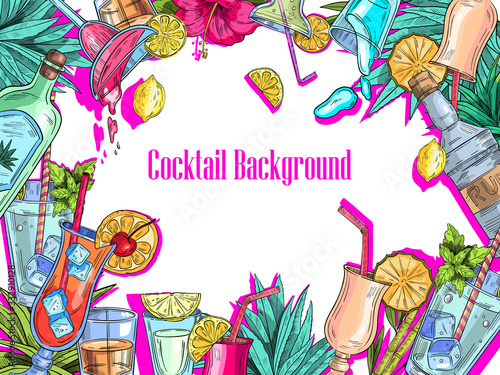 Tropical vector background with summer fruit, flowers and leaves, alcoholic cocktails and bottles with neon pink shadows. With white space for your text.