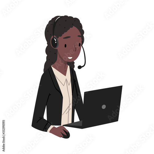 African American Woman Call Center Operator, Online Customer Support Service Assistant with Headset Consulting Client, Help Desk, Online Technical Support Vector Illustration