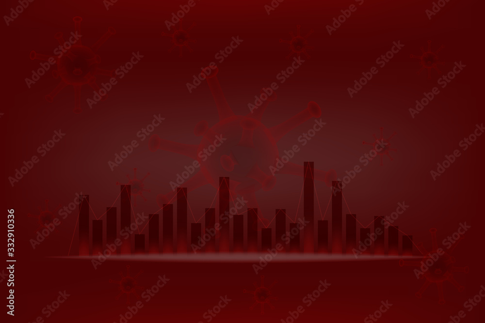 Covid-19 make stock market down and crisis global economy concept. Red Corona virus with graph on red background.