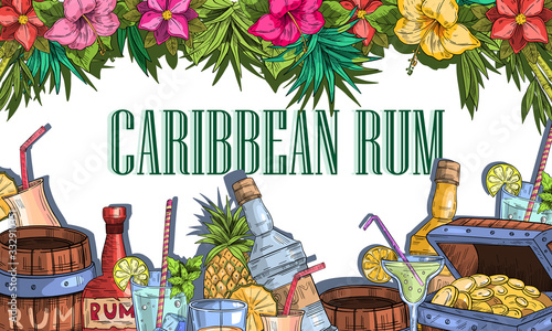Vector hand drawn banner “Caribbean Rum” with coctails, pineapple, rum bottles and chest with gold. For bar, café, menu, party, poster, label or landing page.
