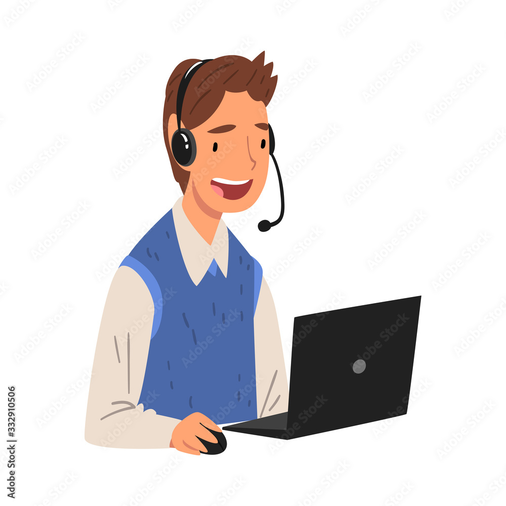 Smiling Male Call Center Operator, Online Customer Support Service Assistant with Headset Consulting Client, Help Desk, Technical Support Vector Illustration Smiling Male Call Center Operator, Online Customer Support Service Assistant with Headset Consulting Client, Help Desk, Technical Support Vector Illustration