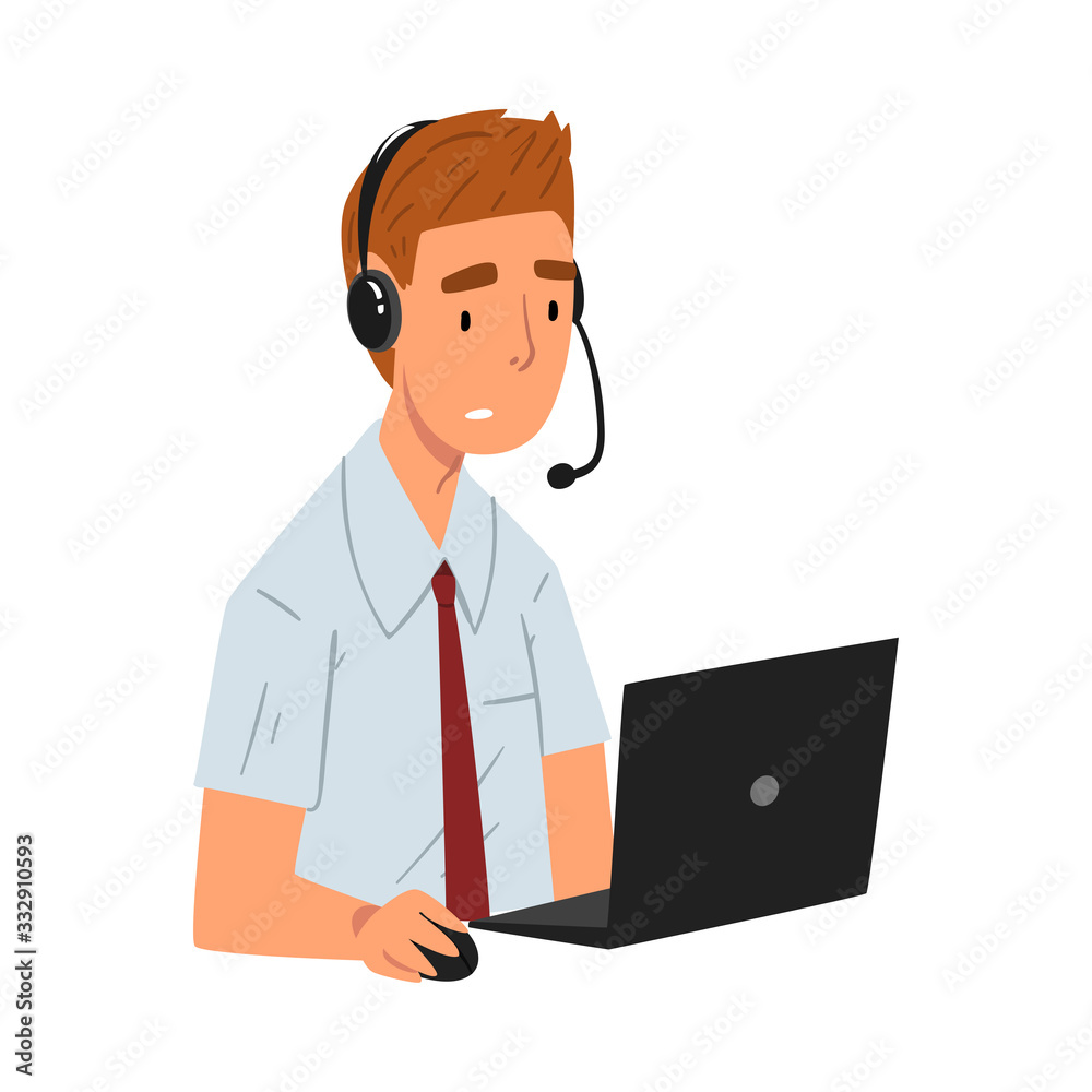 Cheerful Male Call Center Operator, Customer Support Service Assistant with Headset, Help Desk, Online Technical Support Vector Illustration