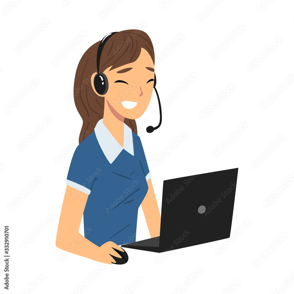 Smiling Female Call Center Operator, Customer Support Service Assistant with Headset Consulting Client, Help Desk, Online Technical Support Vector Illustration Smiling Female Call Center Operator, Customer Support Service Assistant with Headset Consulting Client, Help Desk, Online Technical Support Vector Illustration