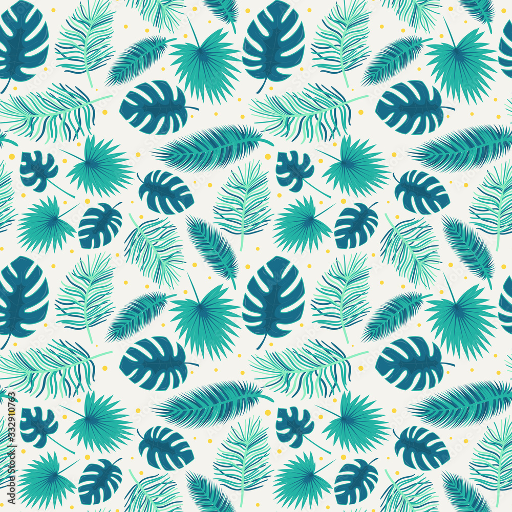 Seamless pattern with tropical leaves, palm trees and monstera. flat style. Botanical pattern with turquoise leaves on a light background. Color vector illustration. for textiles, wrapping paper. Seamless pattern with tropical leaves, palm trees and monstera. flat style. Botanical pattern with turquoise leaves on a light background. Color vector illustration. for textiles, wrapping paper.