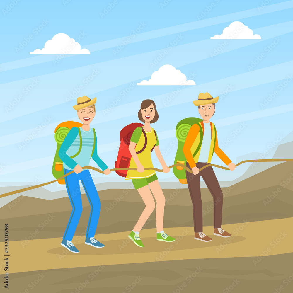 Cheerful Tourists Climbing on Nature, People in Outdoor Mountain Landscape, Summer Holidays Adventure Vector illustration
