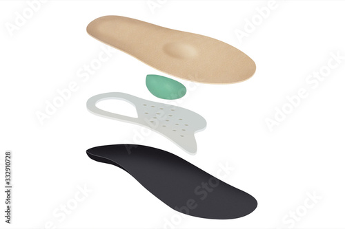 Isolated orthopedic insole on a white background. Treatment and prevention of flat feet and foot diseases. Foot care, comfort for the feet. Wear comfortable shoes. Medical insoles. © Maksim