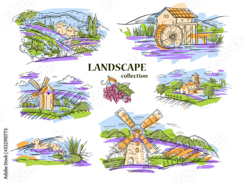 Vector hand drawn set of six rural landscapes with barn, water mill, vineyards, lake, fields and hills. Engraving style concepts for organic farming enterprises. 