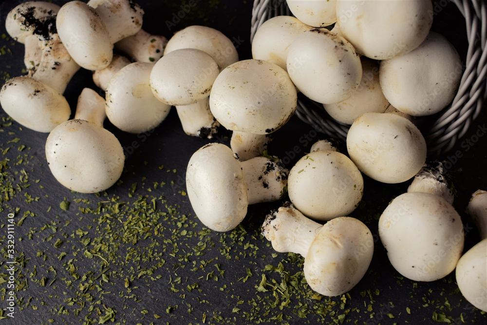 Group of mushrooms on slate and small basket Group of mushrooms on slate and small basket