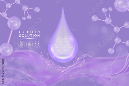 Hyaluronic acid skin solutions ad, purple collagen serum drop with cosmetic advertising background ready to use, illustration vector.	 photo