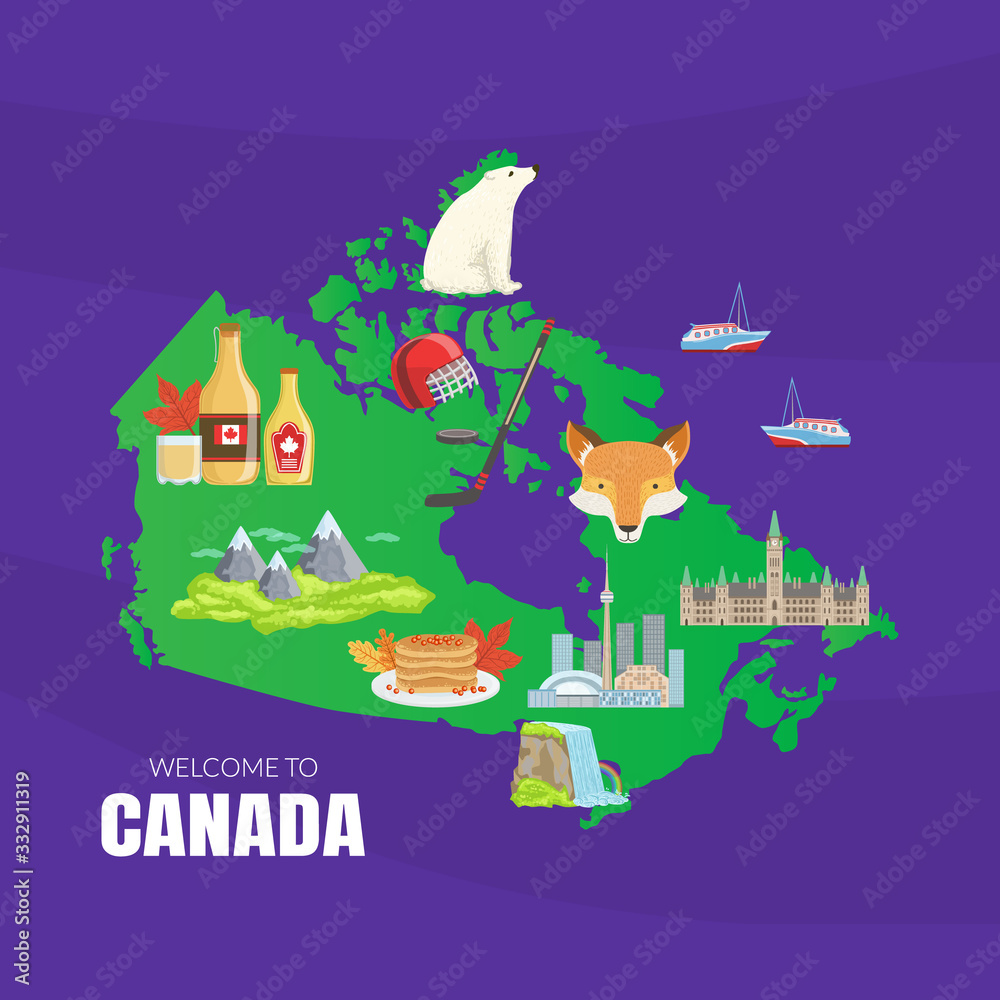 Canada Map with Canadian National Cultural Symbols, Travel Map Vector Illustration