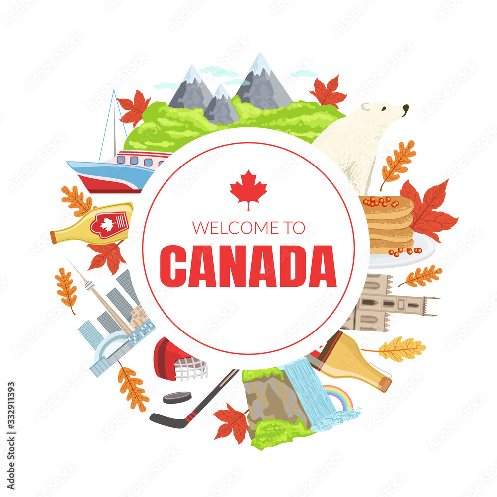 Canada Banner Template with Canadian National Cultural Symbols of Round Shape Vector Illustration