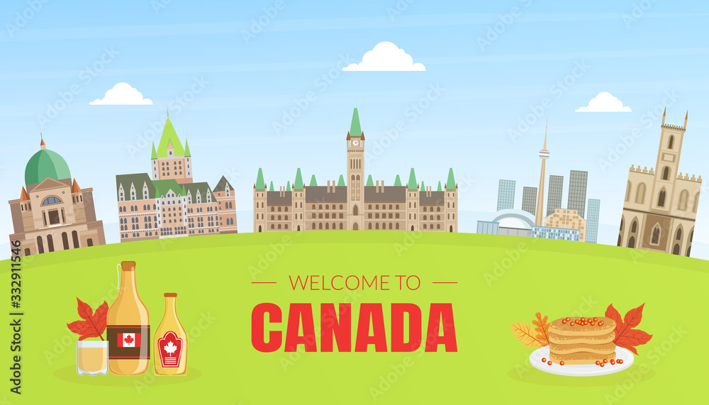 Obraz premium Canada Banner Template with Canadian National Cultural Symbols and Landmarks Vector Illustration