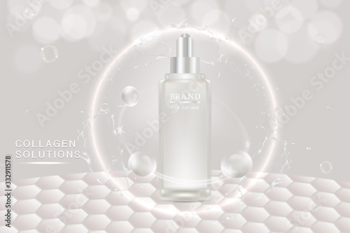Beauty product ad design, white cosmetic container with collagen solution advertising background ready to use, luxury skin care banner, illustration vector.	