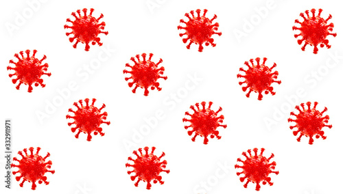 Seamless pattern with reds circles virus cell dangerous Chinese pathogen respiratory flu coronavirus COVID-19 with drops of blood on white background. Creative concept. © pomah