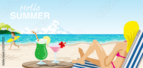 Landscape of tropical seashore, women enjoying summer vacation - included words "Hello Summer"