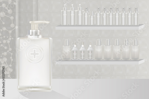 Beauty product ad design, white cosmetic container with collagen solution advertising background ready to use, luxury skin care banner, illustration vector.