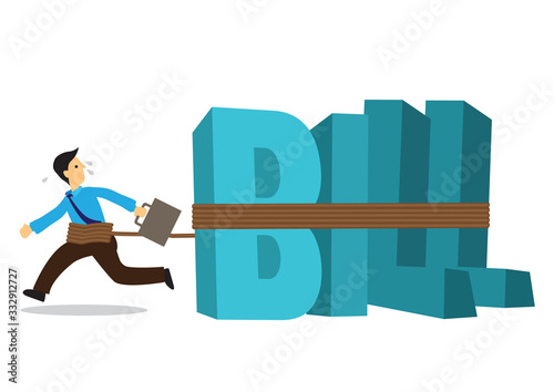 Businessman tied to a huge weight of bills. Business concept of debtor, financial problem or bad economy.