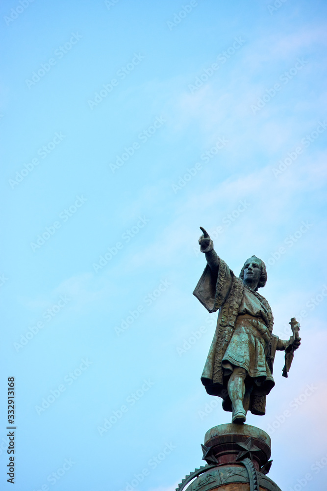A statue dedicated to Christopher Columbus in the city centre of Barcelona, Spain