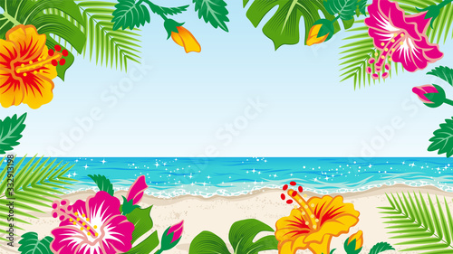 Tropical plants frame and beach landscape