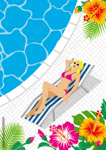 Bikini woman lying down on the deck chair, poolside tropical plants background