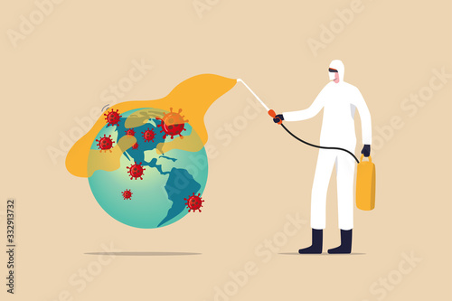 COVID-19 Coronavirus outbreak spreading crisis in the US United States concept, medical worker with full protective gear disinfecting planet earth with America map on it with COVID-19 virus pathogen