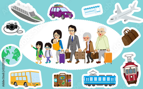 Traveler of asian multi generation family and Transportation icon set