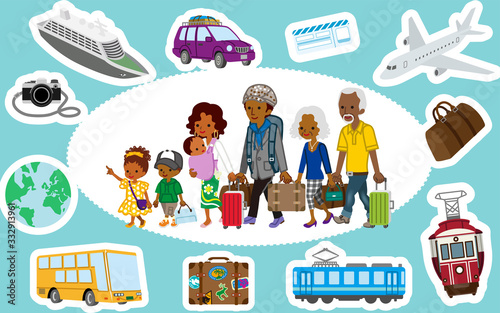 Traveler of african multi generation family and Transportation icon set