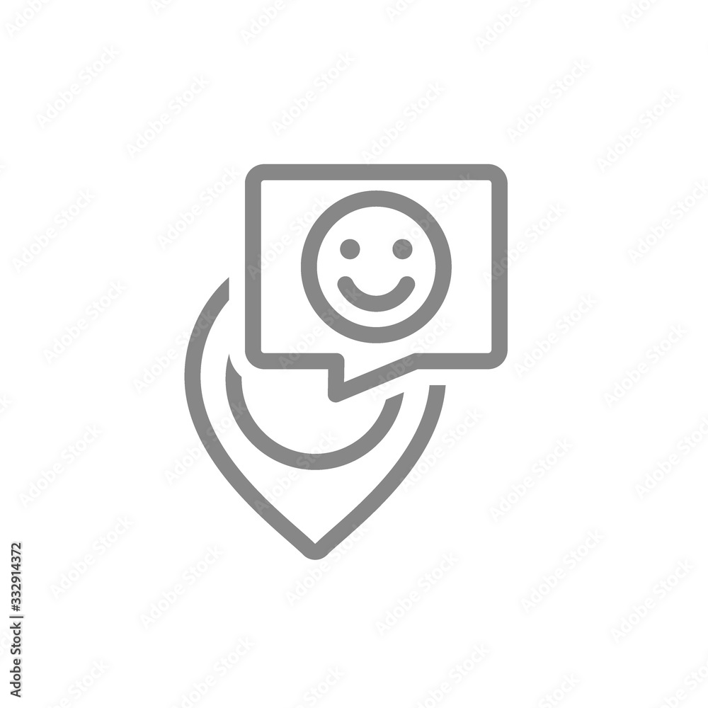 Location mark with happy face in speech bubble line icon. Customer satisfaction, rating, positive feedback symbol Location mark with happy face in speech bubble line icon. Customer satisfaction, rating, positive feedback symbol