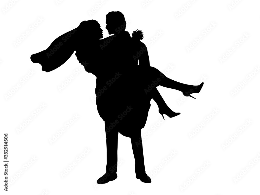 Silhouette of the groom holds the bride in his arms. Silhouette of the groom holds the bride in his arms.