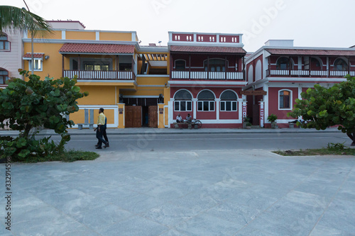 Pondicherry, India - November 7, 2019: Street with colorful houses at Pondicherry in India photo