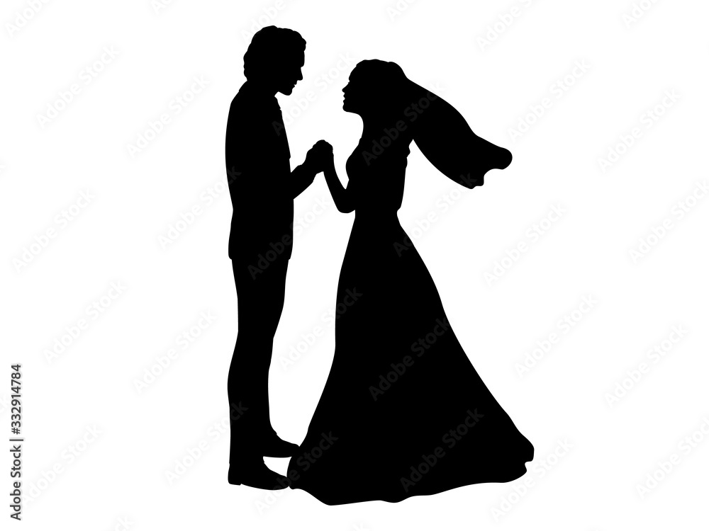 Silhouette of bride and groom holding hands Silhouette of bride and groom holding hands