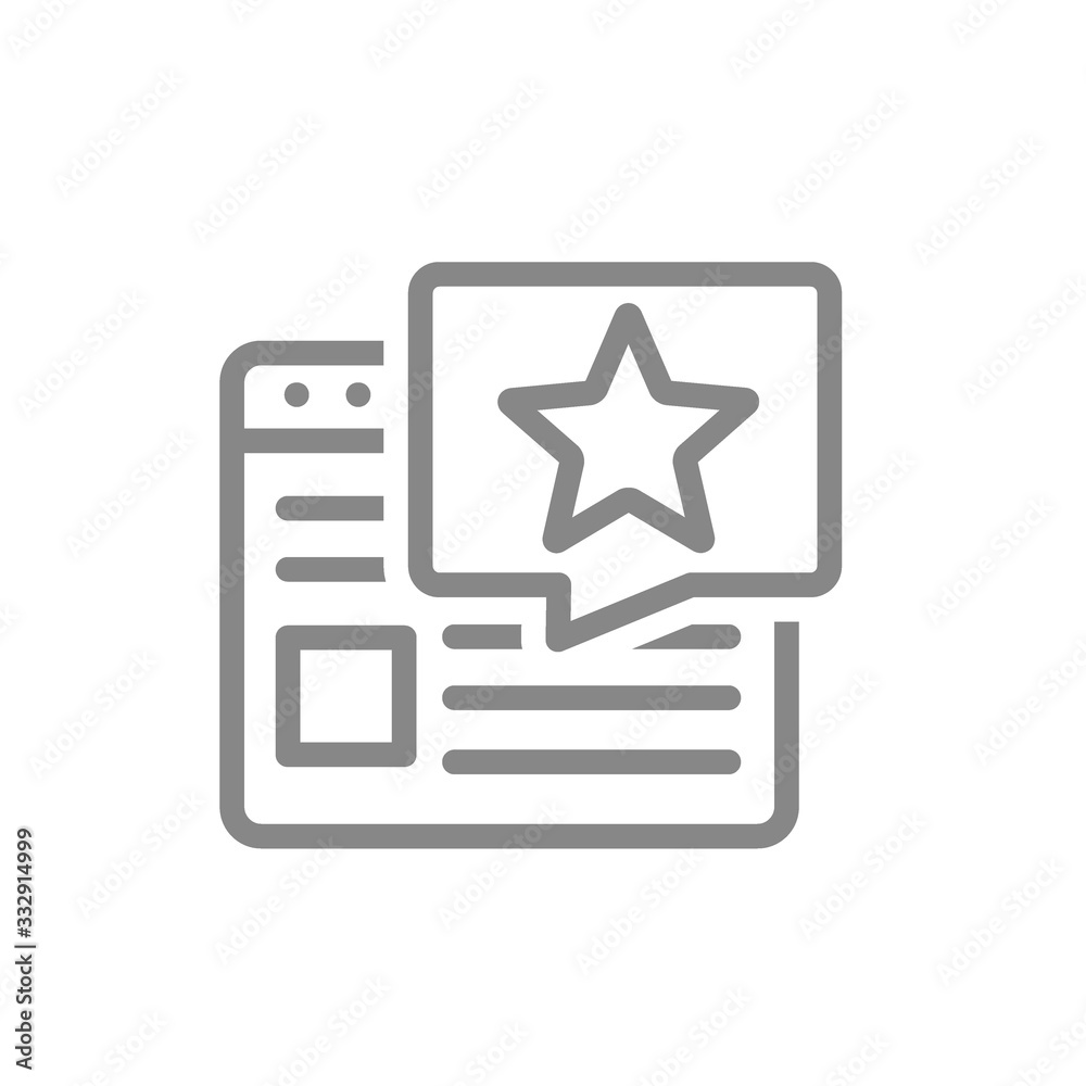 Website with star in speech bubble line icon. User feedback, approving article symbol Website with star in speech bubble line icon. User feedback, approving article symbol