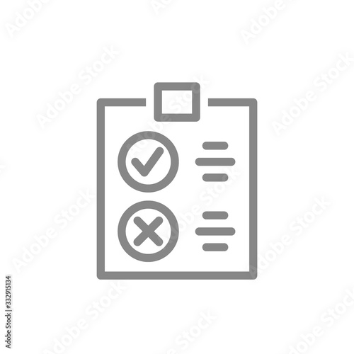 Clipboard with tick and cross checkmarks line icon. Questionnaire for evaluating service, correct and incorrect, rating symbol