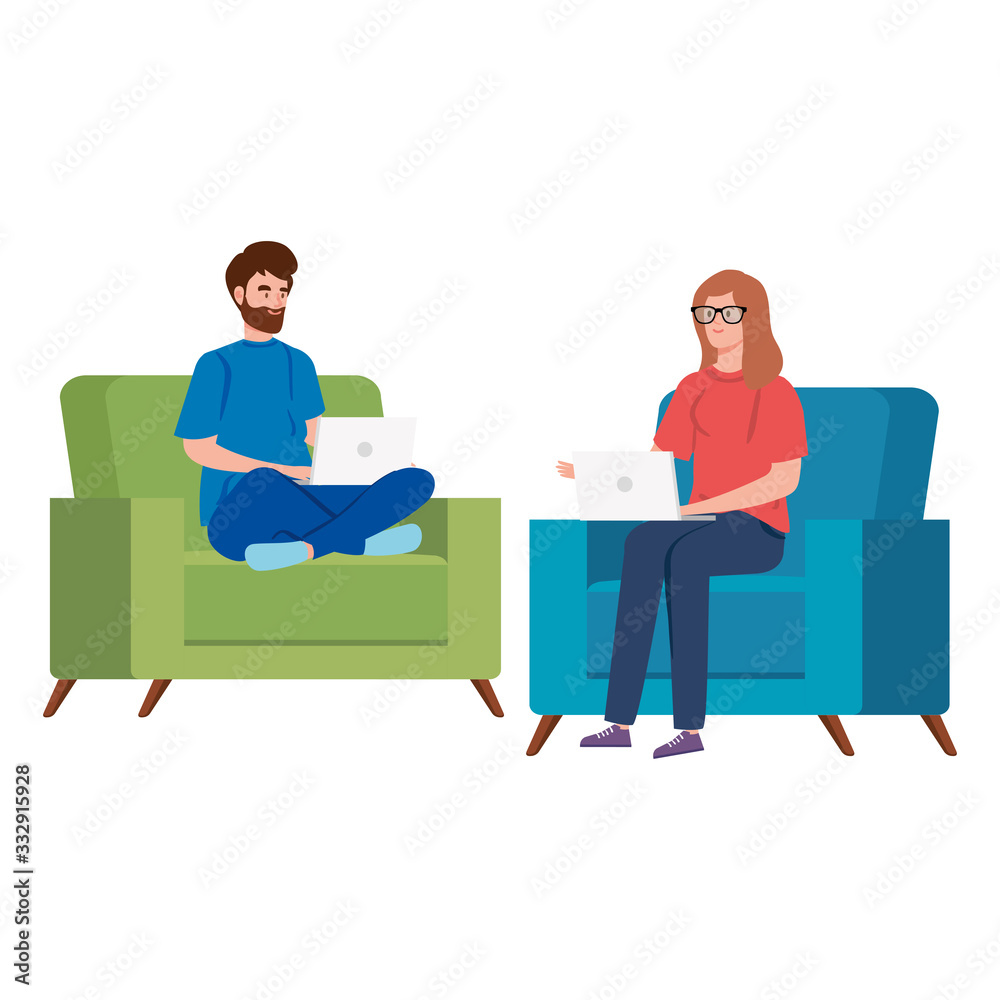 Obraz premium couple working in telecommuting with laptop vector illustration design