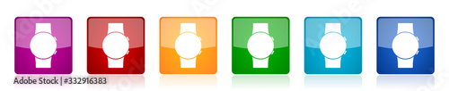 Smartwatch icon set, smart watch colorful square glossy vector illustrations in 6 options for web design and mobile applications