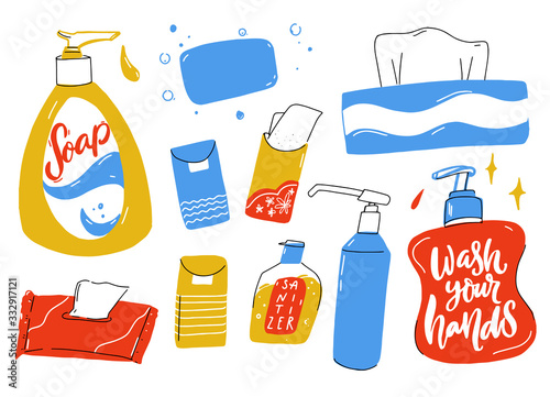 Personal hygiene set. Liquid soap bottle with dispenser, hand sanitizer, wet tissues and paper towel box. Cartoon illustration of toiletries. Yellow, blue and red drawing.