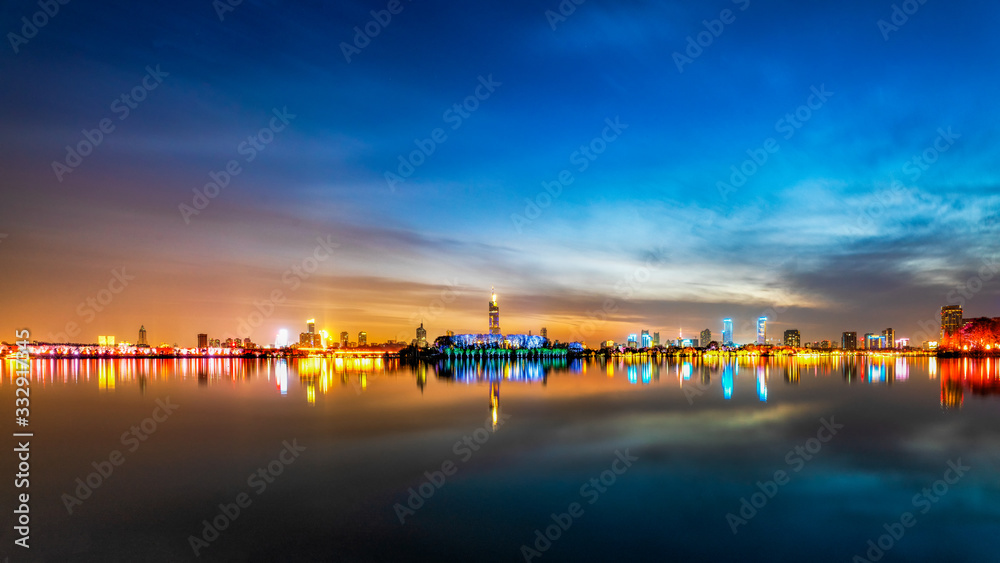 City and lake sunset in Nanjing