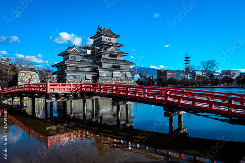 Nice view to the Red Bridge of the Matsumoto Castle  Japan