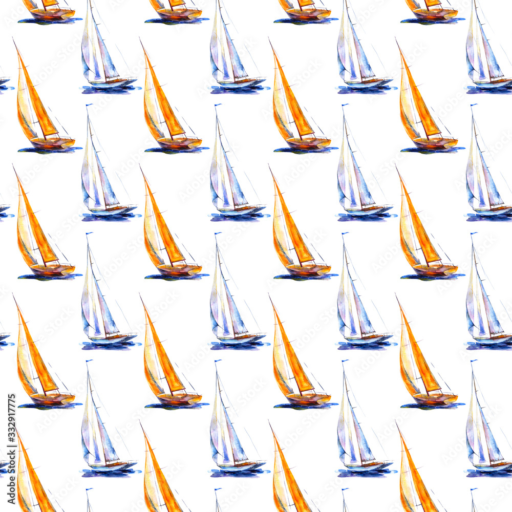 Watercolor hand drawn seamless pattern sailboat. Yellow and blue vessel isolated on white background.