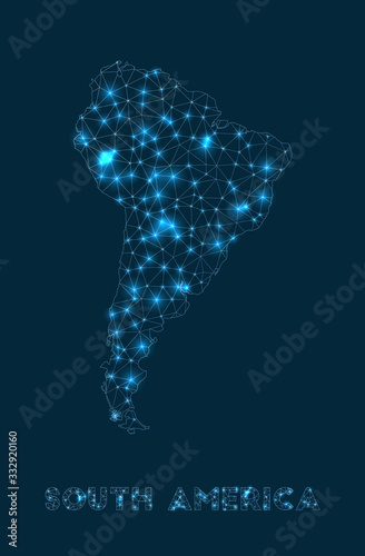 South America network map. Abstract geometric map of the continent. Internet connections and telecommunication design. Authentic vector illustration.