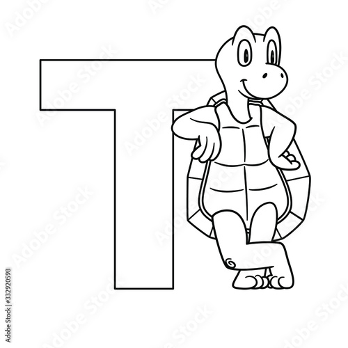 Animal alphabet. capital letter T, turtle. Vector illustration. For pre school education, kindergarten and foreign language learning for kids and children. Coloring page and books, zoo topic.