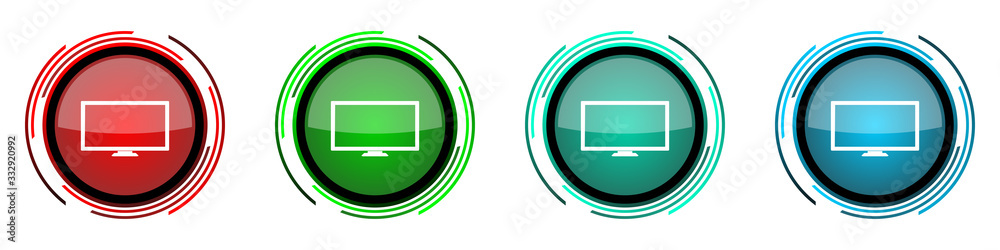 Screen, tv round glossy vector icons, set of buttons for webdesign, internet and mobile phone applications in four colors options isolated on white background Screen, tv round glossy vector icons, set of buttons for webdesign, internet and mobile phone applications in four colors options isolated on white background